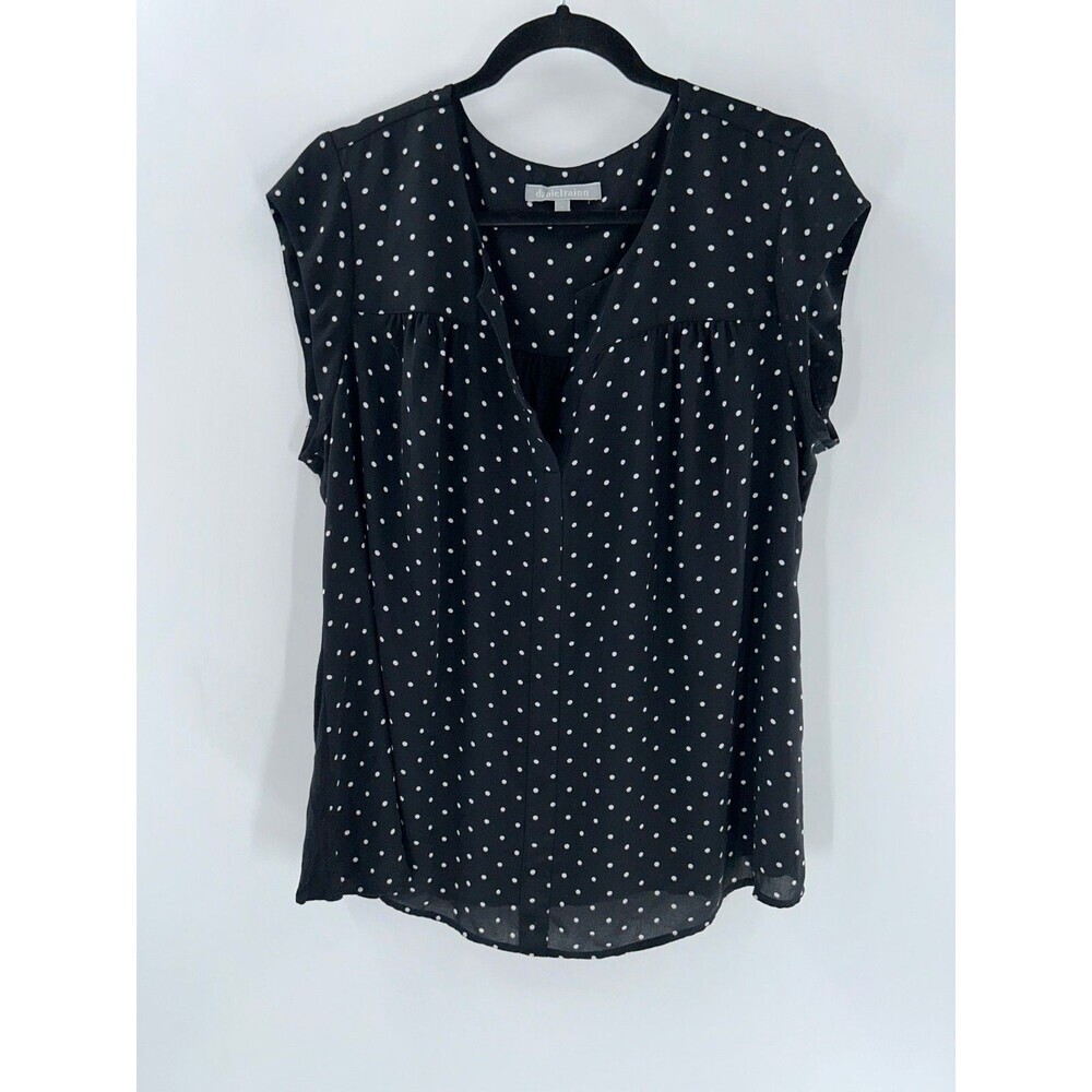 Women's Daniel Rainn Split Neck Black White Polka Dot Mix Media Top Size 1X